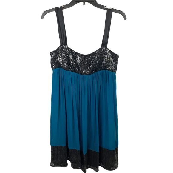 A.B.S. Allen Schwartz Collection Blue Silk Black Sequins Mini Dress Size 6 - Picture 1 of 10